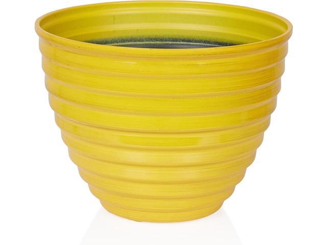 Alpine Corporation TWM116HH-S-YL Indoor/Outdoor 12' Round Plastic Planter, Ribbed Planter with Drainage Hole and Plug, Yellow