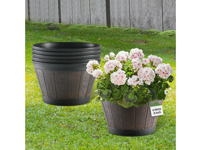YI Barrel Planters Plant Pot Set of 6 Pack 8 Inch,Durable Plastic Flowerpot Mimics The Design of Wooden Whiskey Barrels,for Indoor & Outdoor Home...
