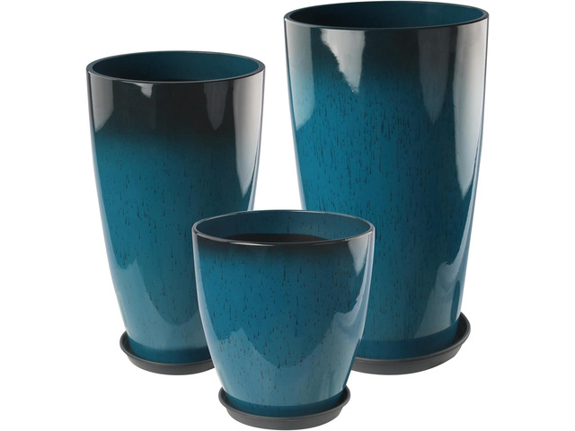 24-21-11 Inch Tall Planters Set of 3, Indoor Outdoor Blue Glossy Round Planter with Drainage Hole and Saucer, Large Decorative Plant Pots for Home...