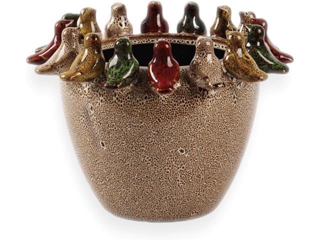 10.4 Inch Plant Pot, Ceramic Planter with Drainage Hole and Silicone Plug, Flower Pot with Ceramic Birds on Rim, Reactive Glaze, for Indoor Outdoor...