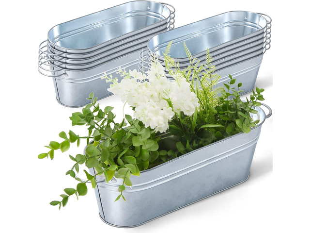 Gejoy 12 Pcs Small Galvanized Oval Planters With Handles - Rustic Tub Flower Pot, Silver Metal Buckets for Outdoor Farmhouse Decorations, 11.42 x...