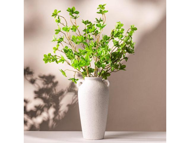 12 Inch Tall White Ceramic Vase, with 5 Branches of 25 Inch Faux Artificial Vibrant Greenery Stems Set, Textured Minimalist Jug, Fake Stem Plants,.