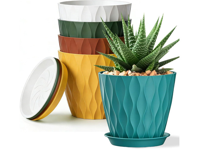 8 Inch Plastic Plant Pots,Set of 5 Flower Pots,Planters with Drainage Holes & Saucers, Indoor Outdoor Garden Pots for Home Decor(Colorful)