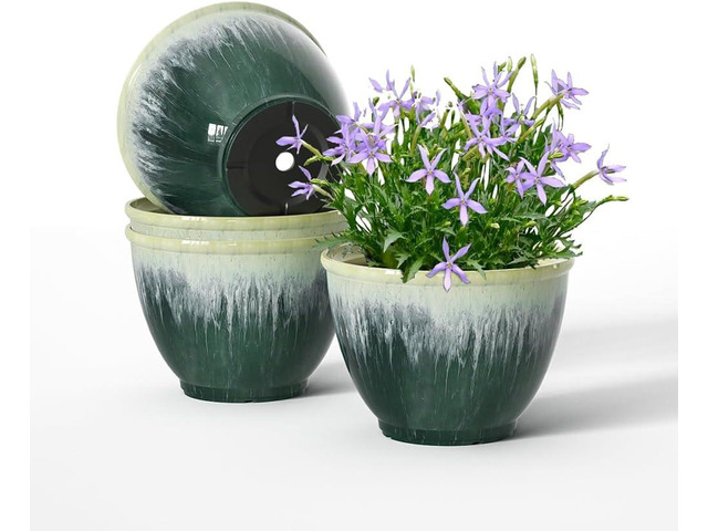 Flower Pots, 8 Inch Plastic Plant Pots for Plants, Set of 4 Planter for Indoor Outdoor Plants with Drainage Hole, Sleek Small Nursery Planting Pot...