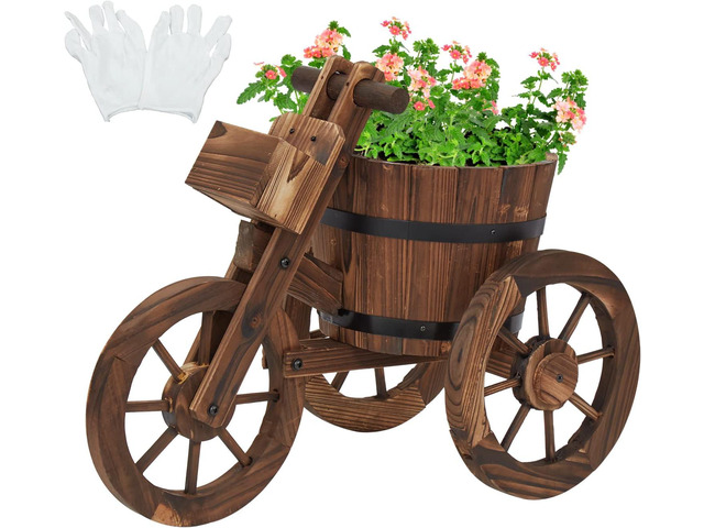 kinbor Outdoor Planters - Rustic Barrel Planter, Wooden Wagon Tricycle Planters for Outdoor Plants