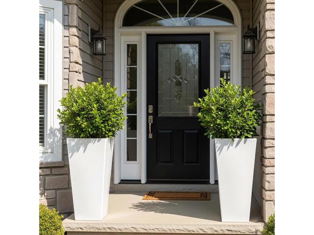 WORTH Garden Large 28 in. Tall Planters Set of 2 for Indoor and Outdoor, Heavy Duty Plastic White Modern Taper Flower Plant Pots with Drainage Hole...