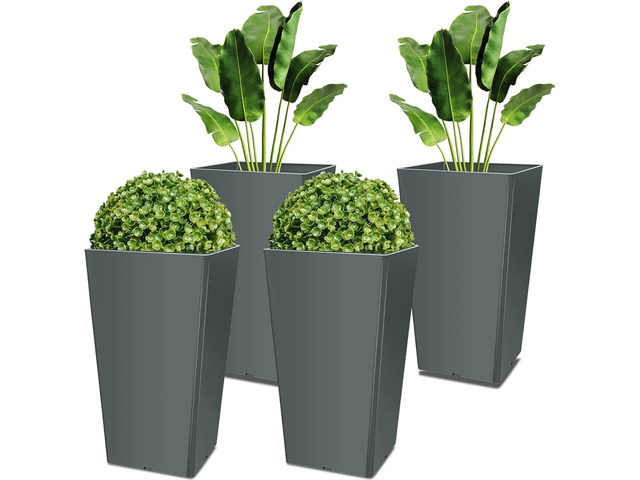 Yungyan Set of 4 Tall Outdoor Planters 20 Inches Tall Front Porch Planters Heavy Duty Flower Pot No Baskets Self Watering for Outdoor & Indoor (Grey)
