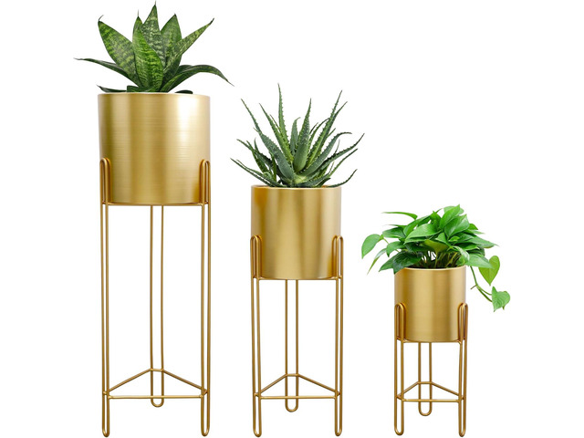 TRIROCKS Set of 3 Large Planters with Stand Gold Planter for Indoor Plants 29 &22 &12' Tall Morden Metal Plant Pots for Living Room Corner Kitchen...