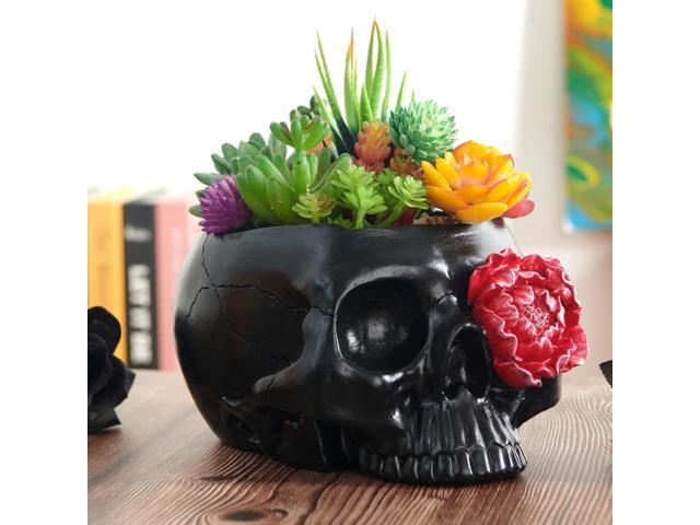 Skull-Planter Gothic Home-Decor - Black Room Decor Head Planter Skull Decor Flower Pot Succulent Pot with Drainage Halloween Candy Bowl (Plants or...