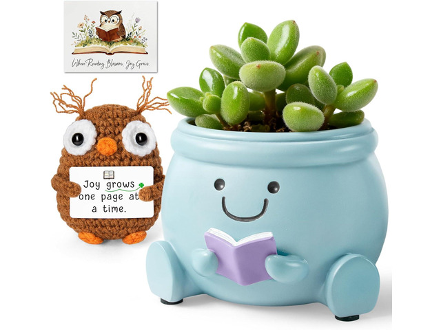 Book Lover Gift Set - Cute Reading Planter Pot with Positive Crochet Owl & Quote Card, Cozy Desk Decor for Teachers, Librarians, Women, Colleague,...