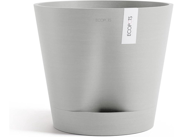 Ecopots Venice 2 Durable Modern Round Indoor/Outdoor Recycled-Based Composite Flower Pot Planter w/Water Reservoir, White Grey, 16'