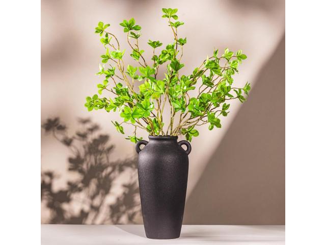 12 Inch Tall Black Ceramic Vase, with 5 Branches of 25 Inch Faux Artificial Vibrant Greenery Stems Set, Textured Minimalist Jug, Fake Stem Plants,.