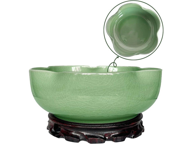 MUZHI Green Ceramic Water Lotus Flower Bowl Planter with Solid Wood Tray, Elegant Hole-Free Ice Crack Hydroponic Water Lily Bowl Pot with Stand 7.8