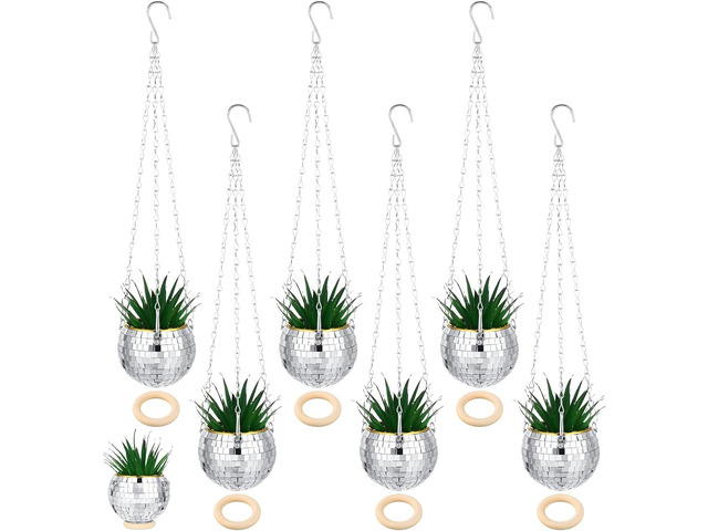 Remerry 6 Pcs 4 Inch Disco Ball Planter Mirror Ball Boho Hanging Planter Flower Pots Vase with Chain and Wooden Rings for Indoor Outdoor Plants...