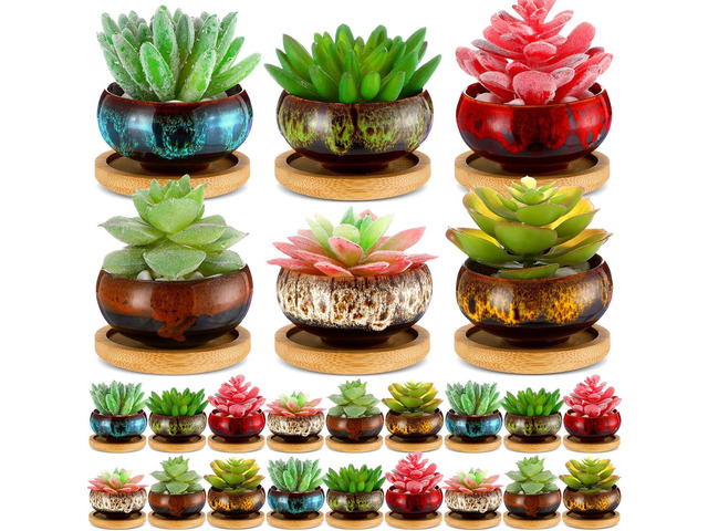 24 Pcs Ceramic Succulent Pots 2.5 Inch Small Plant Pots Indoor with Drainage and Bamboo Saucers Colorful Succulent Flower Planters for Garden...