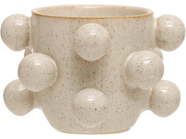 Bloomingville 4.25 Inches Round Stoneware Planter with Orbs and Reactive Glaze, Holds 3 Inches Pot, Speckled Cream