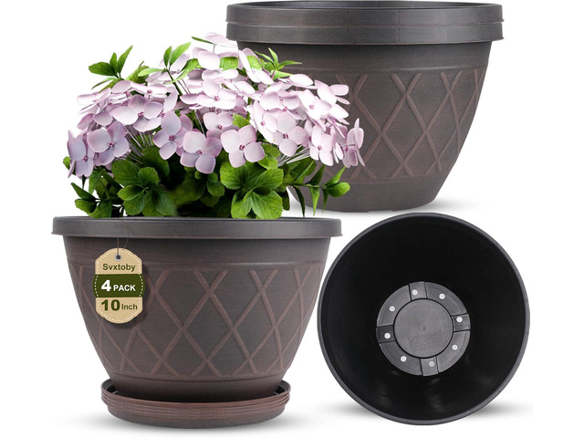 4 Pack 10 Inch Plant Pot, Planter Pots with Drainage Holes & Saucers, Modern Plaid Pattern Planters Garden Pots for Herbs, Decorative Plastic...