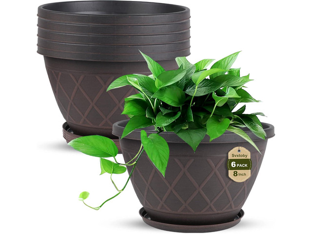 6 Pack 8 Inch Plant Pots, Planters with Drainage Holes & Saucers, Modern Imitation Diamond Pattern Design Plastic Flower Pots for Indoor & Outdoor...