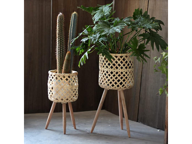 RISEON Set of 2 Handmade Mid Century Modern Planter, Rustic Indoor Rattan Basket Flower Pot Plant Stand,Large Floor Planter