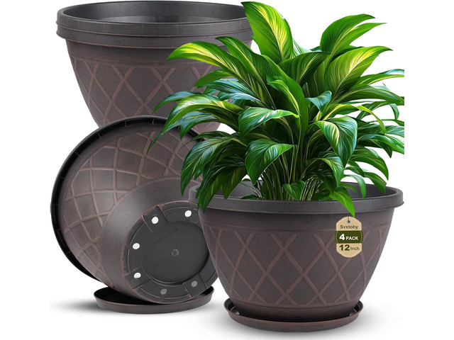 4 Pack 12 Inch Pots for Plants, Decorative Plastic Flower Pots with Drainage Hole & Saucer, Modern Large Planters for Outdoor Indoor Plants,...