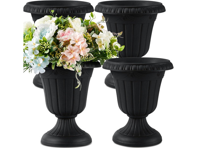 Zhehao 4 Pcs Plastic Urn Planter 10 x 11.5 Inch Black Classic Flower Pots Front Porch Planters Indoor Outdoor Planters with Pedestal for Wedding...