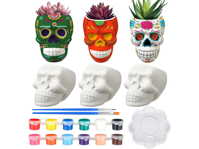 Beeveer 12 Sets Mexican Sugar Skull Crafts for Adults Skulls to Paint Skeleton Planter Paintable Ceramics Classroom Paintable Plant Pots to Paint...