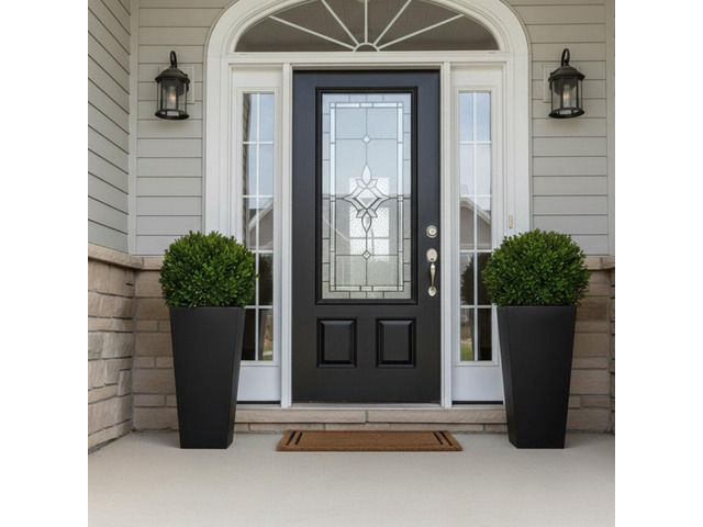 GreenShip 27 inch Tall Planters for Indoor Outdoor Plants, Set of 2 - Large Black Flower Pots with Drainage & Inner Shelf, Modern Decorative Garden...