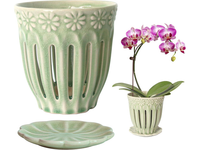 5.2 Inch Ceramic Orchid Pot with Holes, Crackle Glazed Planter with Saucer, Vertical Slotted Airflow Design, Decorative Flower Pot for Indoor...