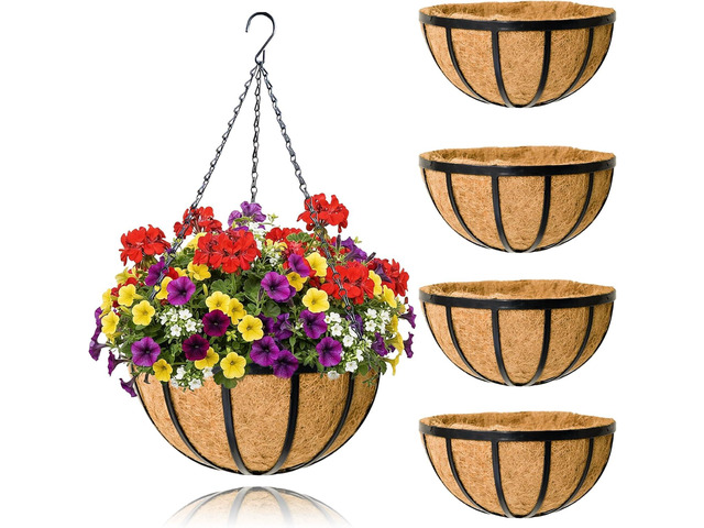 4 Pack 14 Inch Hanging Planters for Outdoor Plants Metal Hanging Planter Basket with Coco Coir Liner Round Plant Black Flat Iron Metal Flower Pots...