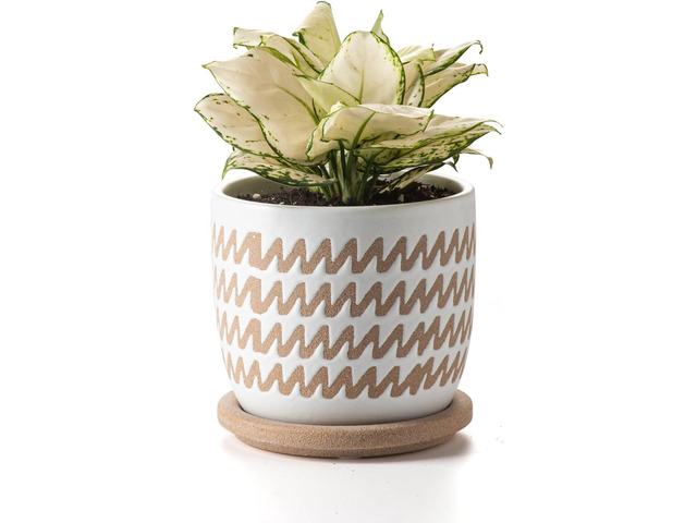 Ceramic Flower Pots Indoor-Outdoor: 5.75 Inch Planters with Drainage Holes & Saucer - Modern Decorative Plant Pots Ceramic for Home Gardeners (Wave)