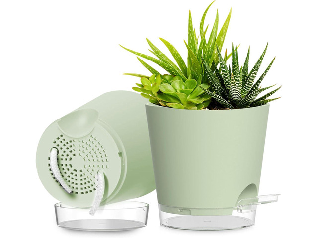 Plant Pots 8 Inch Self Watering Pots, 2 Pack Plastic Planters with Drainage Holes and Clear Saucers,Plastic Flower Pots for Indoor Out Door Plants...