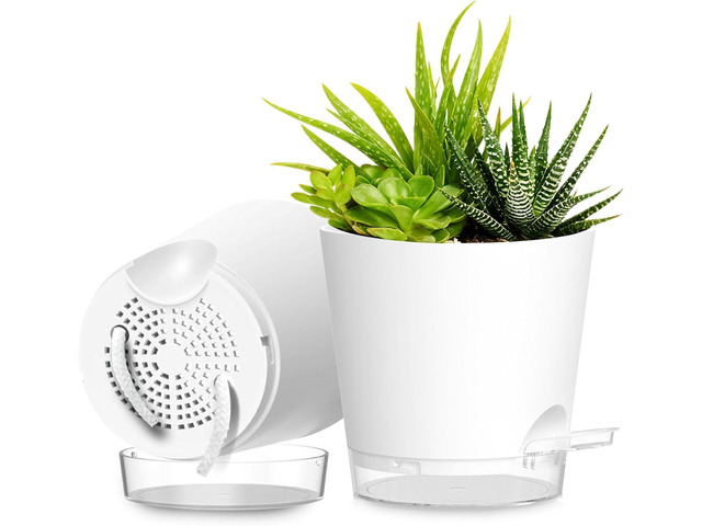 Plant Pots 8 Inch Self Watering Pots, 2 Pack Plastic Planters with Drainage Holes and Clear Saucers,Plastic Flower Pots for Indoor Out Door...