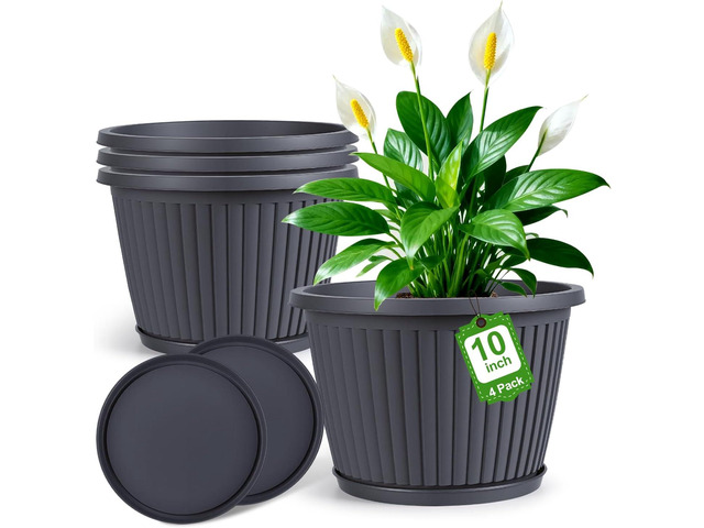 10-inch-Planters-for-Outdoor-PlantPlastic Indoor Flower Pots with Drainage Holes & Saucer, 4 Packs Decorative Garden Pots for Plant for Home Porch...