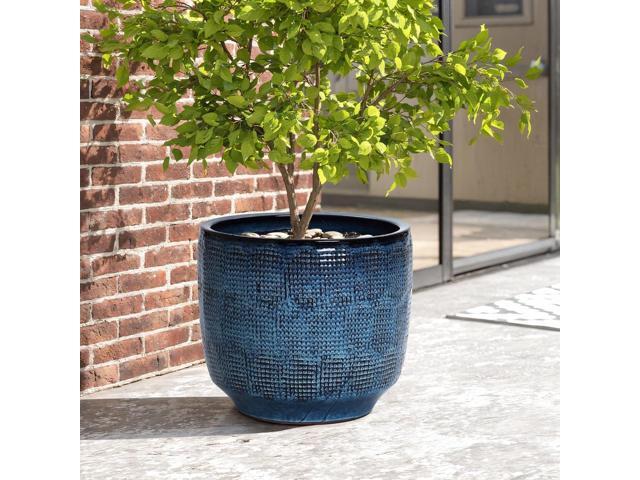 LuxenHome 15.75' Dia Large Ceramic Pots for Plants, Teal Blue Glazed Planters for Outdoor Plants, Round Indoor Flower Pots with Drainage Hole and.