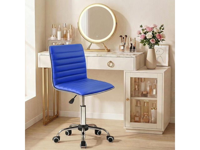 JUMMICO Armless Vanity Office Chair with Wheels, Small Cute Makeup Desk Chair Ribbed Leather Swivel Computer Task Chair (Blue)