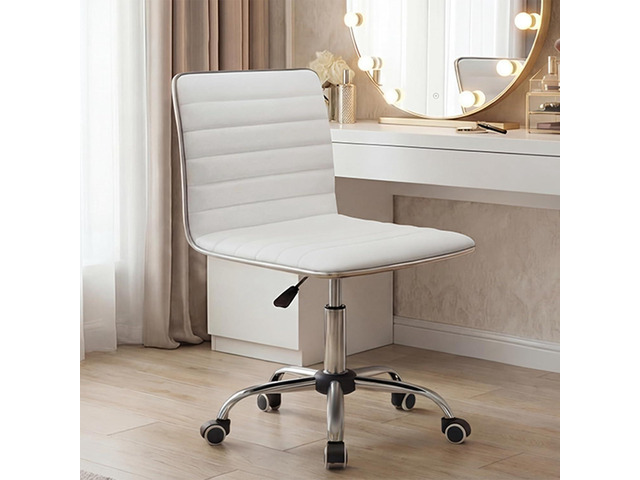 Furmax Vanity Office Desk Chair with Wheels, Armless Small Cute Leather Makeup Computer Task Chair Adjustable Height 360Â° Swivel (White)