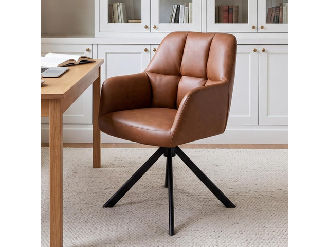 EALSON Comfy Leather Desk Chair Modern Computer Task Chair no Wheels Swivel Accent Chair with Mid Back Arm Chair for Living Room/Bedroom/Home...