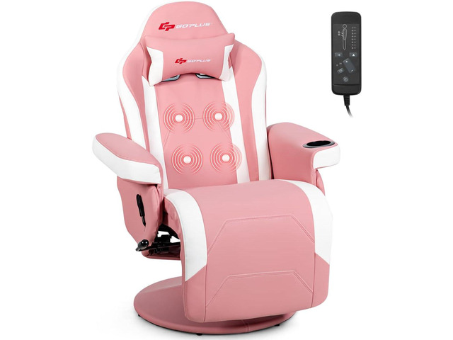 Goplus Pink Massage Gaming Chair, Racing Style Gaming Recliner w/Adjustable Backrest and Footrest, Ergonomic High Back PU Leather Computer Office...
