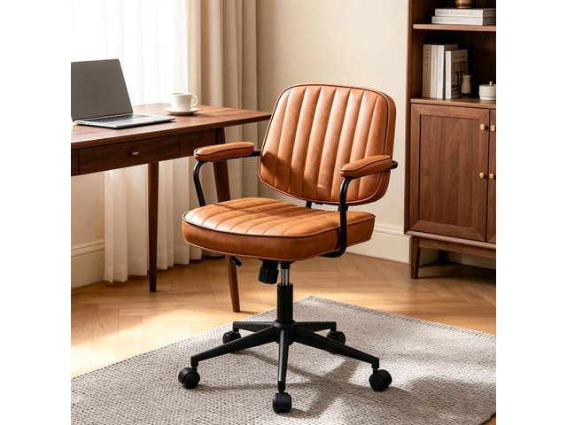 Mid Century Modern PU Leather Office Chair, Brown Adjustable Desk Chair Chair & Backrest Height Adjustable, Thick Cushioned Seat, 360° Swivel &...