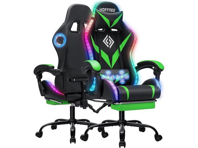 Gaming Chair with Bluetooth Speakers RGB LED Lights Computer Chair-Green Ergonomic Massage Game Chair with Footrest & Lumbar Support High Back...