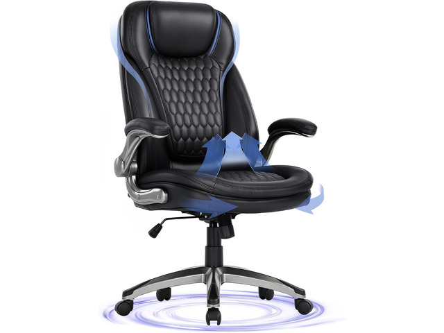 COLAMY Executive Office Chair-Ergonomic Computer Desk Chair, High Back Leather Chair with Padded Flip-up Arms, Swivel Home Office Chair, Black