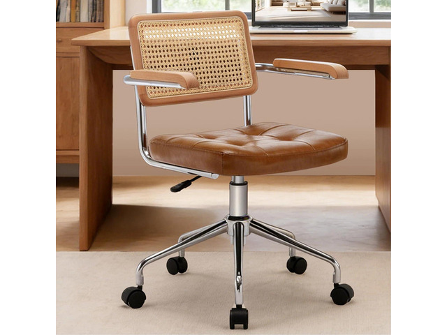 Zesthouse Leather Office Desk Chair with Wheels, Mid Century Rolling Desk Chair with Wood Arm & Natural Rattan Back, Modern Swivel Home Office...