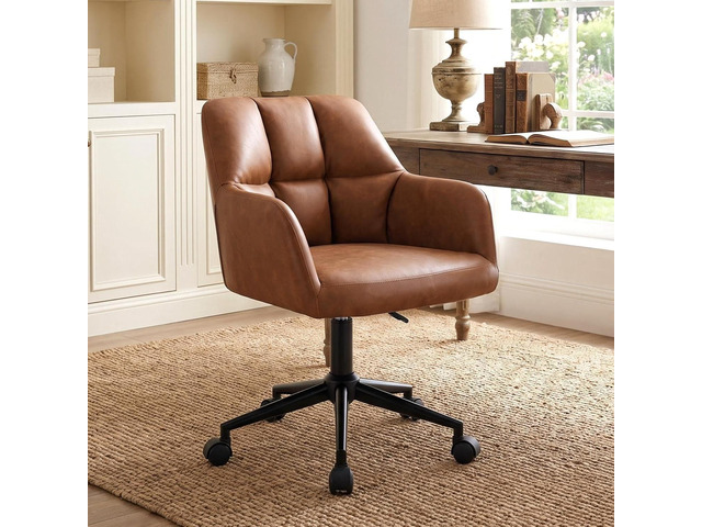 HNY Modern PU Leather Office Desk Chair, Height Adjustable Comfy Swivel Vanity Make up Chair with Wheels for Living Room Home Office Computer, Brown