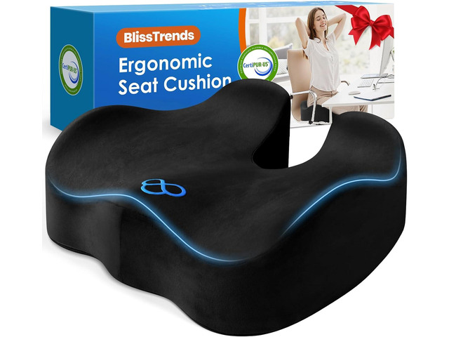 BlissTrends Memory Foam Seat Cushion for Office Chair & Car Seat, Black Ergonomic Tailbone & Sciatica Support with Removable Velvet Cover for...
