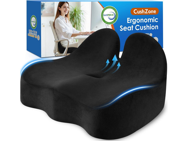 CushZone Ergonomic Seat Cushion, Sciatica Support for Office Chair, Black Large Size for Sciatica & Hip & Tailbone Pain Relief, Memory Foam...
