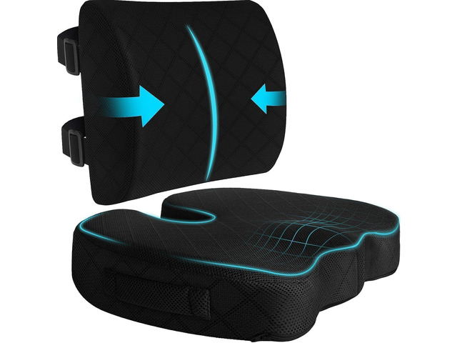 Back & Seat Cushion, Chair Cushions, Lumbar Back Support Pillow, Black/Large Breathable Memory Foam Back Support Pillow, Portable Airplane Seat...