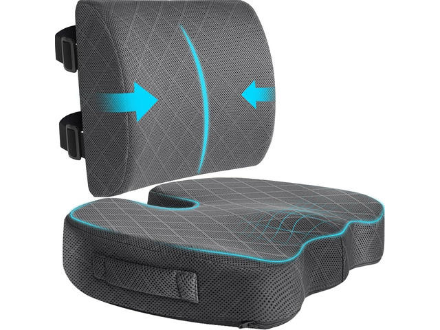 Back & Seat Cushion, Chair Cushions, Lumbar Back Support Pillow, Grey/X-Large Breathable Memory Foam Back Support Pillow, Portable Airplane Seat...