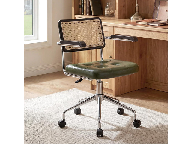 Zesthouse Leather Office Desk Chair with Wheels, Mid Century Rolling Desk Chair with Wood Arm & Natural Rattan Back, Modern Swivel Home Office...