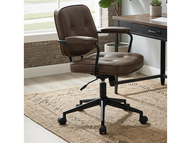 LukeAlon Comfy PU Leather Office Chair, Brown 360° Swivel Desk Chair with Armrest & Thickened Seat, Tiltable Task Chair with Buttons & Wheels for...