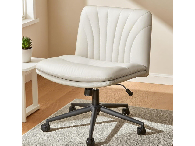 Marsail Criss Cross Chair with Wheels: PU Leather Cross Legged Office Chair Wide Armless Desk Chair Swivel Height Adjustable Vanity Chair for Make...